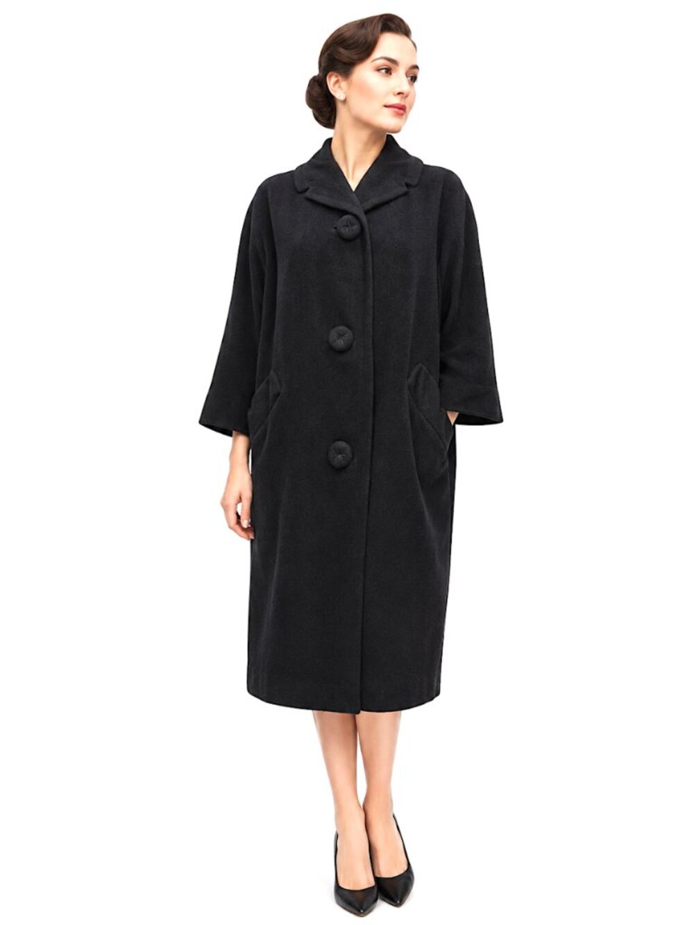 Vintage 50s Fleurette Black 100% Cashmere Coat Union Label Small
